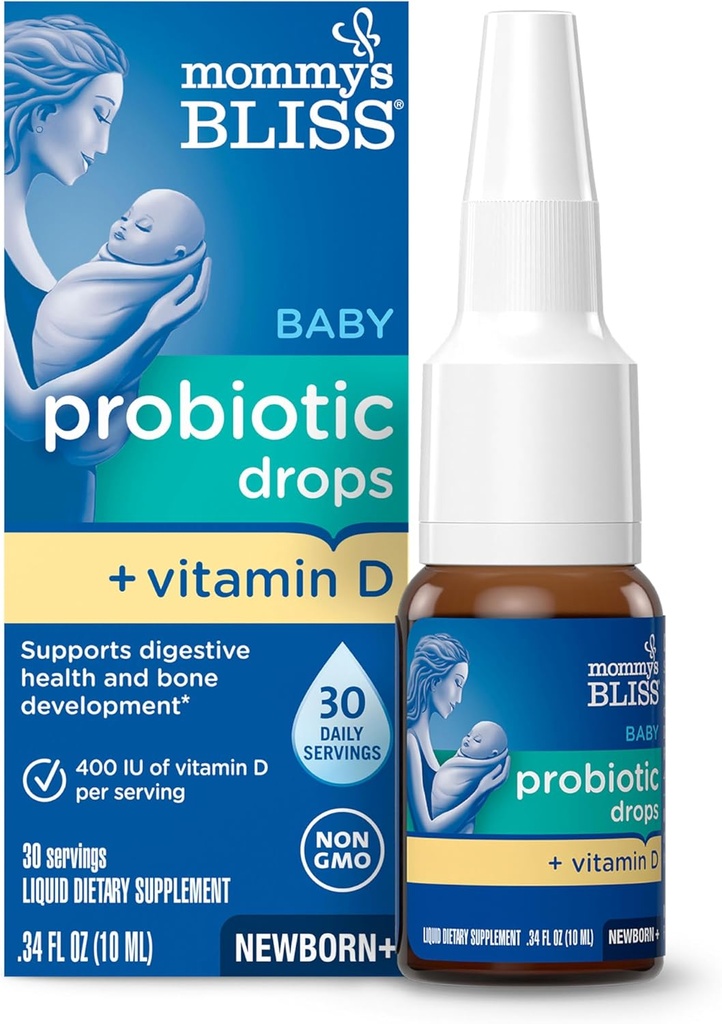Mama's Bliss Baby Probiotic Drops + Vitamina D, Supports Digestive Health and Immunity, 400IU Vitamin D for Healthy Bone Development, Newborns +, Flavorless, 0.34 Fl Oz (30 Servings)