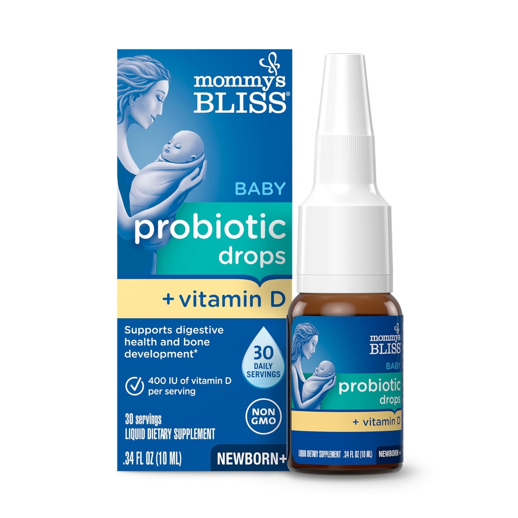 Mommy's Bliss Baby Probiotics + Vitamin D Drops, Supports Digestive Health & Immune Function*, 400IU Vitamin D , Supports Bone Development*, Newborns+, Flavorless, 0.34 Fl Oz (30 Servings)