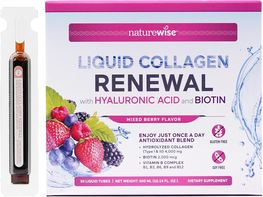 NatureWise Hydrolyzed Liquid Collagen for Women &amp; Men 4000mg - High Absorption, Type 1 & 3 Peptides with Biotin + Vitamina C + Vitamina B Complex & Hyaluronic Acid -Mixed Berry - 30 Tubes[30 Day Supply]