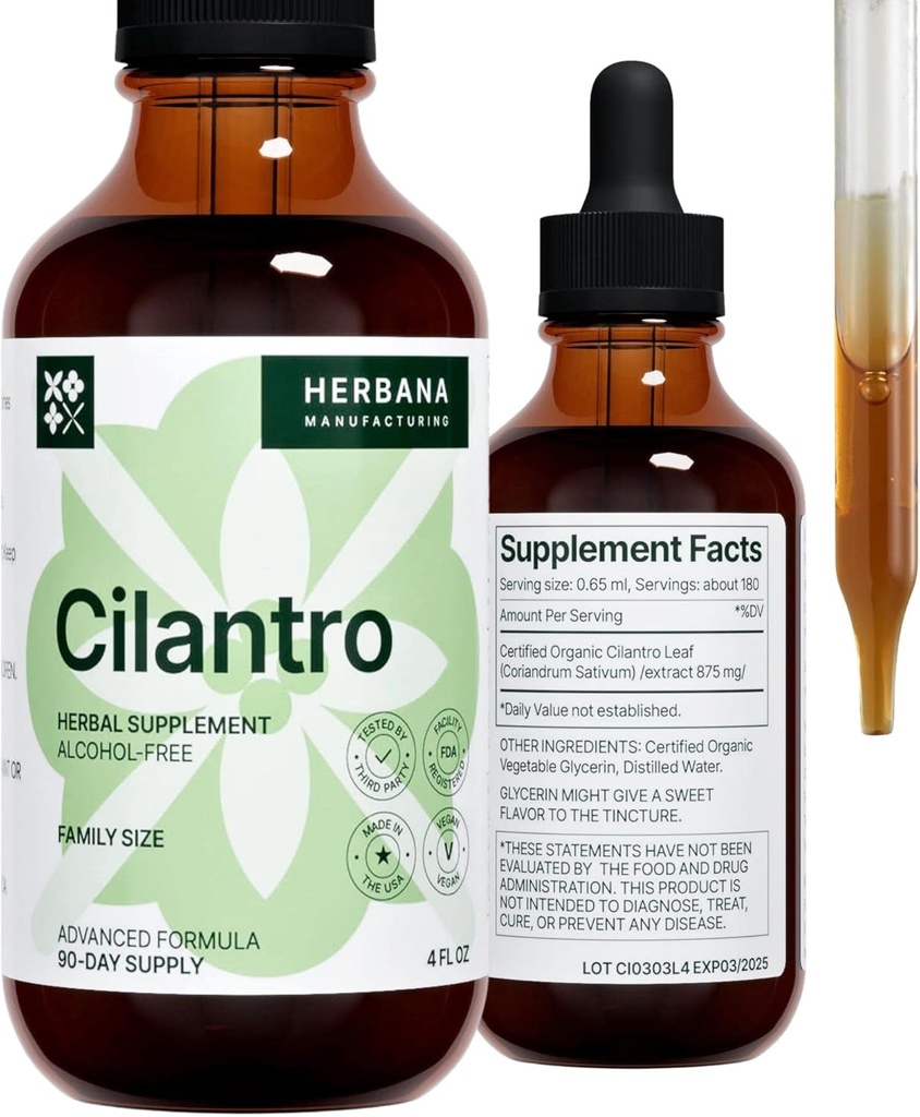 Cilantro Leaf 4 fl oz Liquid Extract - Organic Coriandrum Sativum Drops for Body Cleansing " Detox - Natural Calming Herbal Tincture Supplement for Nervous System - High Potency - 90-Day Supply