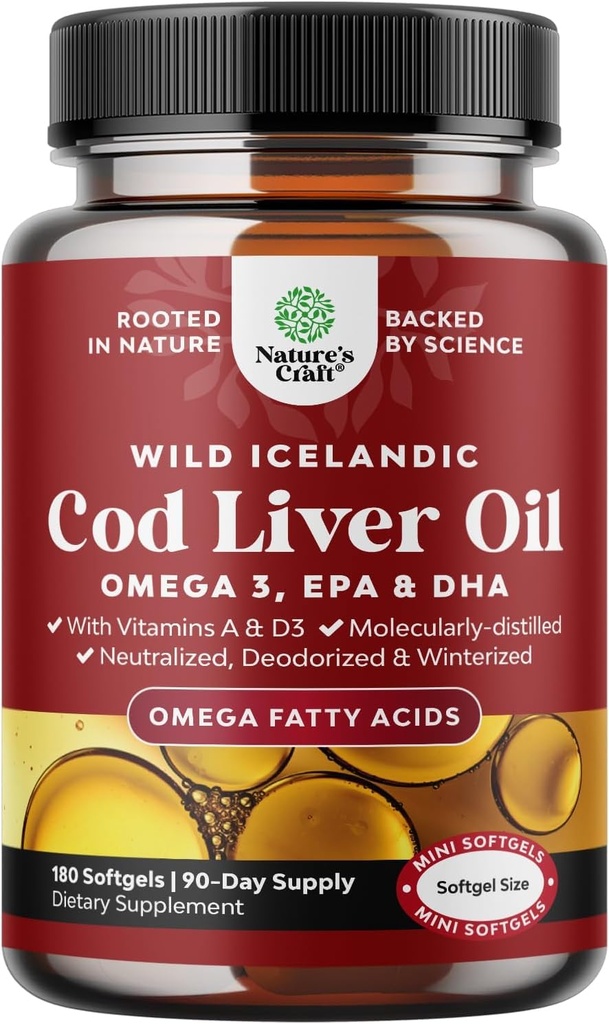 Islandiaic Cod Liver Oil Softgels - Wild Caught EPA DHA Omega 3 Fish Oil 1000mg por por porción - Sosteniblemente Fuentedo Burpless Fish Oil Suplemento con vitamina D3 &amp; A para el cerebro conjunto del corazón &amp; Immune Support