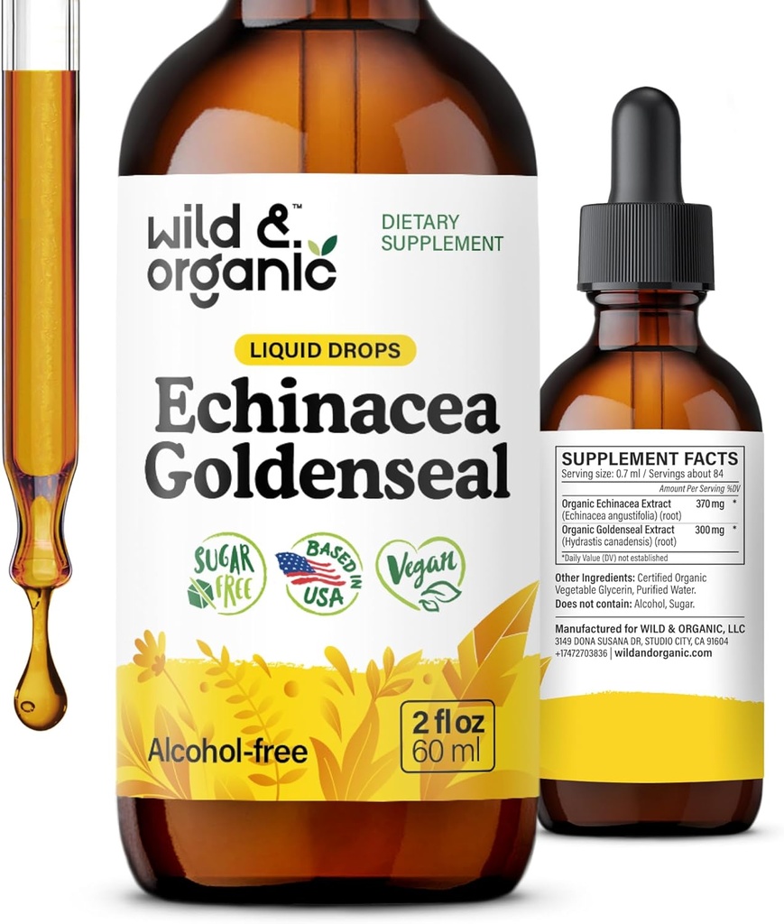 Wild & Organic Echinacea Goldenseal Liquid Drops - Immune Support Supplement w/Goldenseal Echinacea Root Extract - Vegan, Sugar & Alcohol-Free Tincture - 2 fl oz