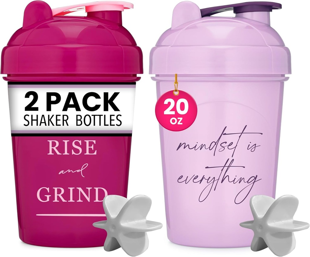 GOMOYO [2 Pack] 20oz Botella de sacudido con citas motivacionales (Raspberry &amp; Lavender) ← Botella de proteína con mezcladores Agitadores ¦ Blender Shaker Bottle for Protein Mixes Pack es BPA Libre y Lavavajillas Seguro