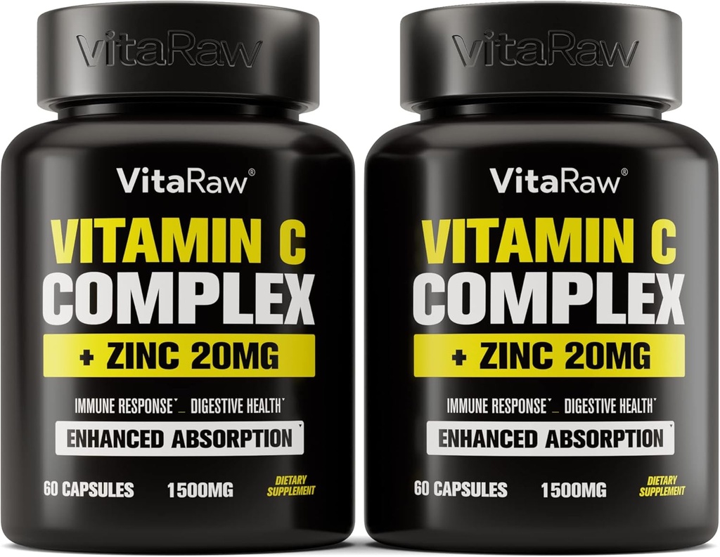 Vitamina C Suplemento 2 Pack (120 cápsulas vegetales) - 1500mg con zinc 20mg - Absorción más alta Vitamina C Immune Support Complex - Vitamina C Capsules & Zinc Vitaminas para adultos, Vit C Immune Ayuda Vegan