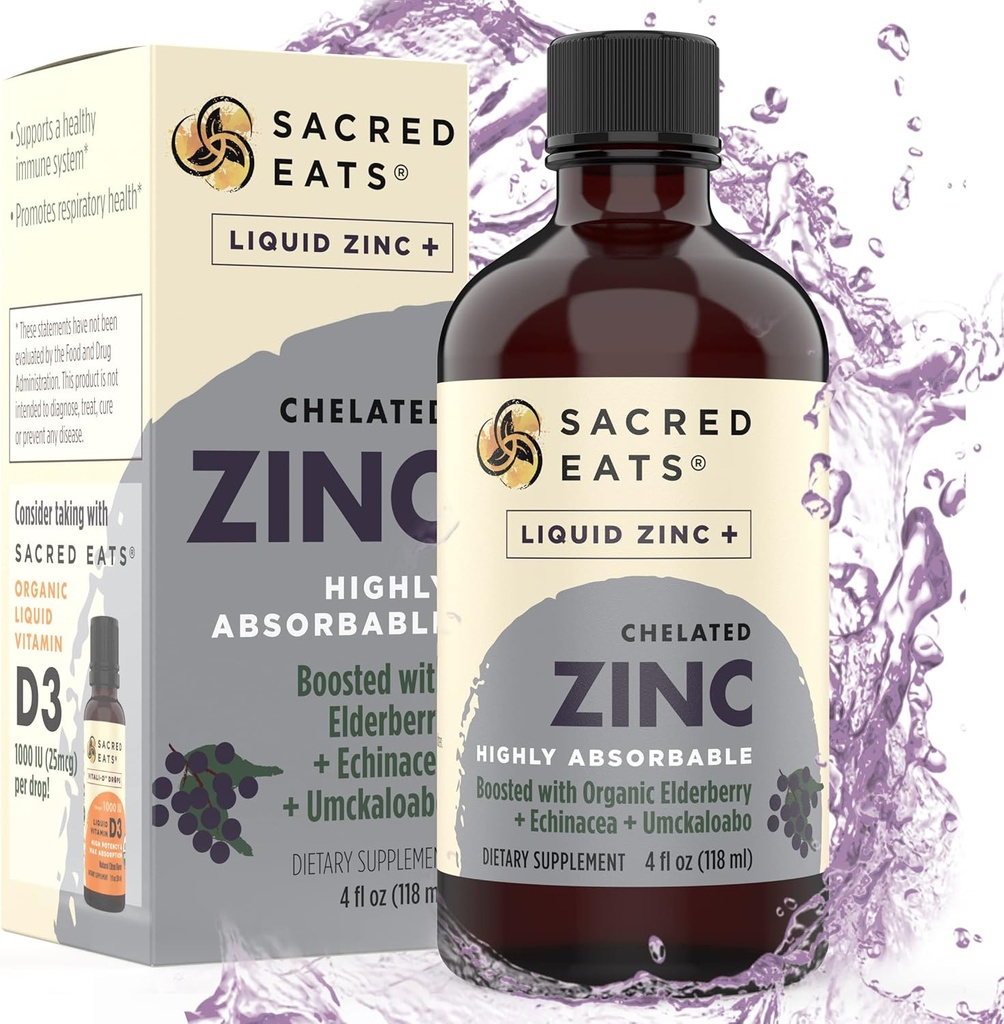 Zinc líquido (Glycinate Chelate) con Elderberry &amp; Echinacea orgánico (High in Quercetin) Silencio 4-in-1 Immune Suport Supplement for Adults &amp; Kids, Great Tasting ← Alcohol " Gluten Free, Non GMO (4.0 Oz)