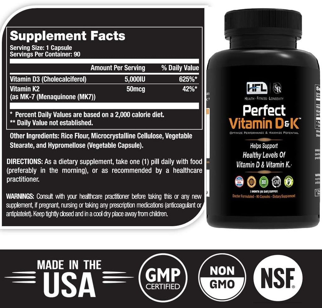 HFL Perfect Vitamin D juntosK por Dr. Sam Robbins ANTE Vitamina D3 & K2 (MenaQ7® MK-7) Silencio 3 Month Supply ANTE 2X Absorbable ← Vegan, Planta-Basada, Micro-Encapsulado.