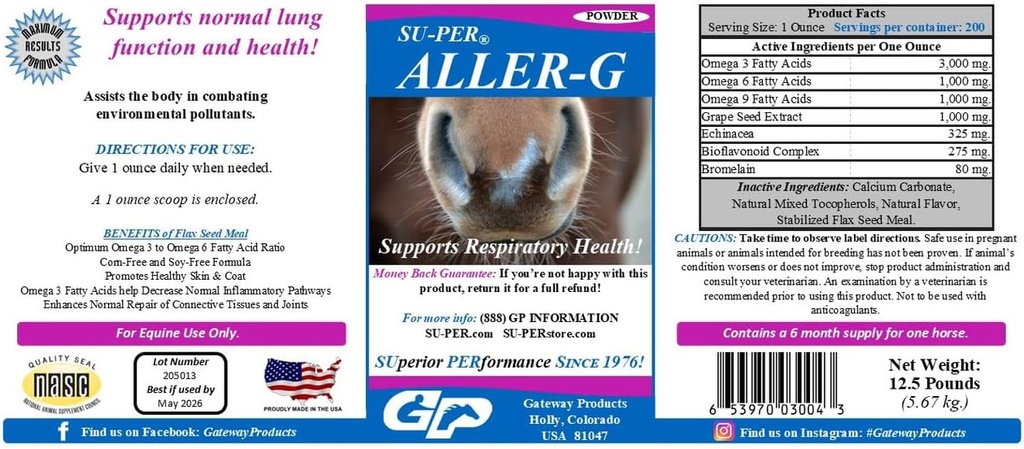 SU-PER Aller-G Respiratory Support for Horses - Horse Allergy Supplement Powder for Healthy Immune System " Lung Support - Combats Alergies " Environmental Pollutants - 12.5 Pounds, 6 Months Supply