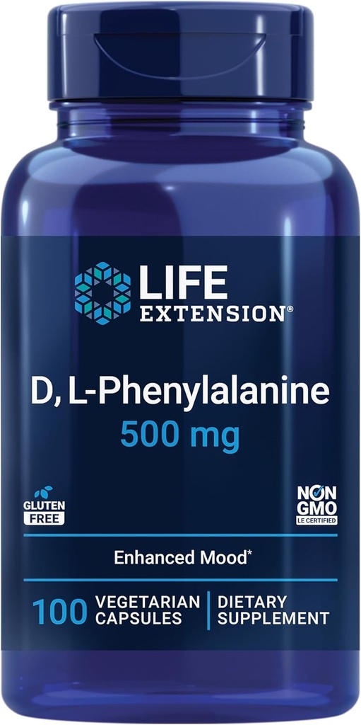 Extensión de la vida D, L-Phenylalanine Capsules, 500 mg – Apoya la salud del mood, promueve la salud del neurotransmisor – libre de gluten, no GMO, vegetariano – 100 cápsulas