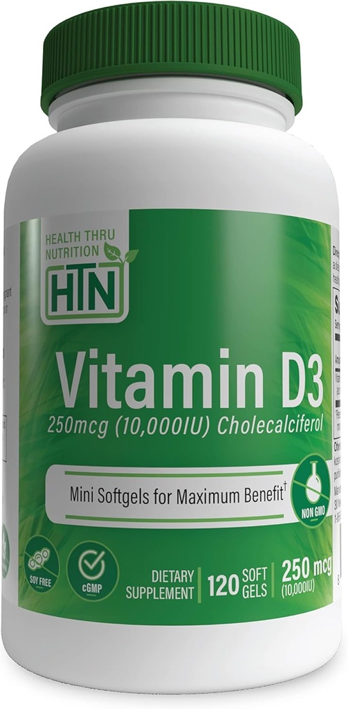 Health Thru Nutrition Vitamin D3 10,000iu 120 Mini Softgels for Maximum Benefit | 250mcg Cholecalciferol | 3rd Party Tested | Non-GMO USP Grade in Organic EVOO | Immune Health Support