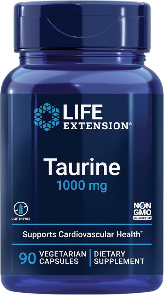 Extensión de la vida Taurina, Suplemento Aminoácido Puro Taurino, Salud cardíaca, hígado y cerebro, longevidad, músculo y ejercicio, dosis de 1000 mg, No GMO, Libre de gluten, Vegetariano, 90 cápsulas vegetarianas