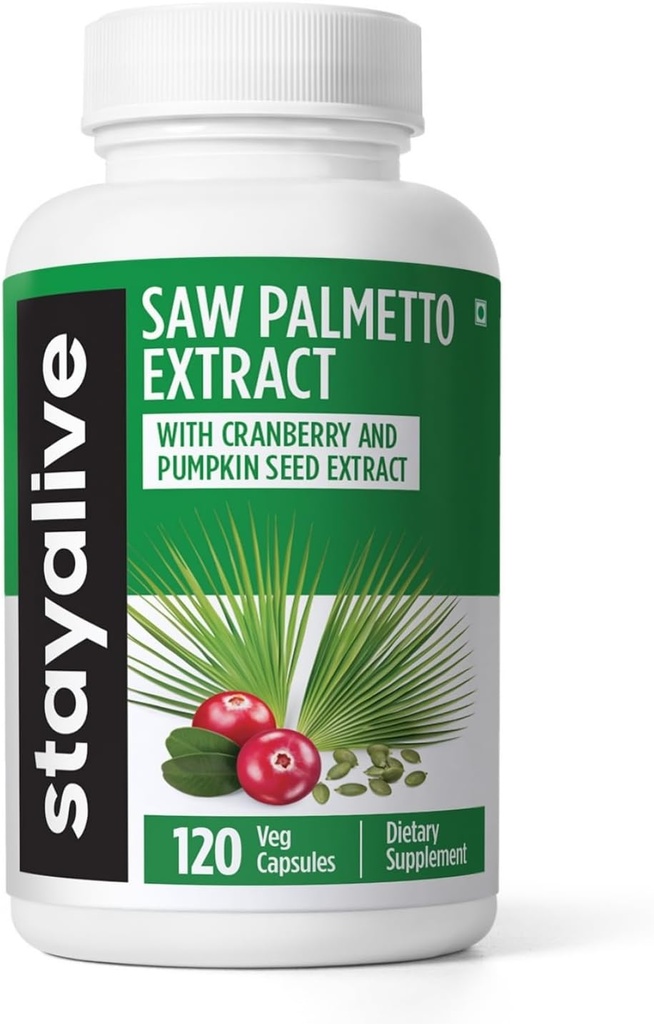 STAY ALIVE Saw Palmetto Extract Capsules w/Cranberry & Pumpkin Seed Oil, 120 Vegan Pills for Hair, U.T &amp; Prostate, Pure Saw Palmetto for Men and Women, Non-GMO, Gluten Free Pumpkin Seed Supplement