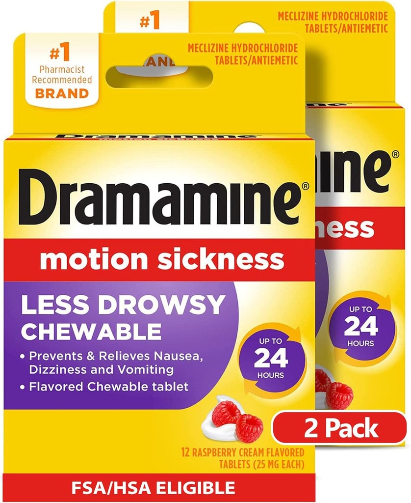Dramamine Chewable Less Drowsy, Motion Sickness Relief, Raspberry Cream Flavor, 12 Cuenta, 2 Pack