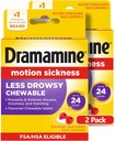 Dramamine Chewable Less Drowsy, Motion Sickness Relief, Raspberry Cream Flavor, 12 Cuenta, 2 Pack