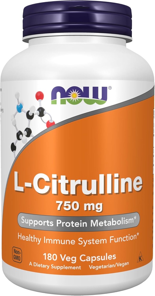 AHORA Suplementos de alimentos, L-Citrulline 750 mg, Apoya Metabolismo Proteína*, Aminoácidos, 180 cápsulas de verduras