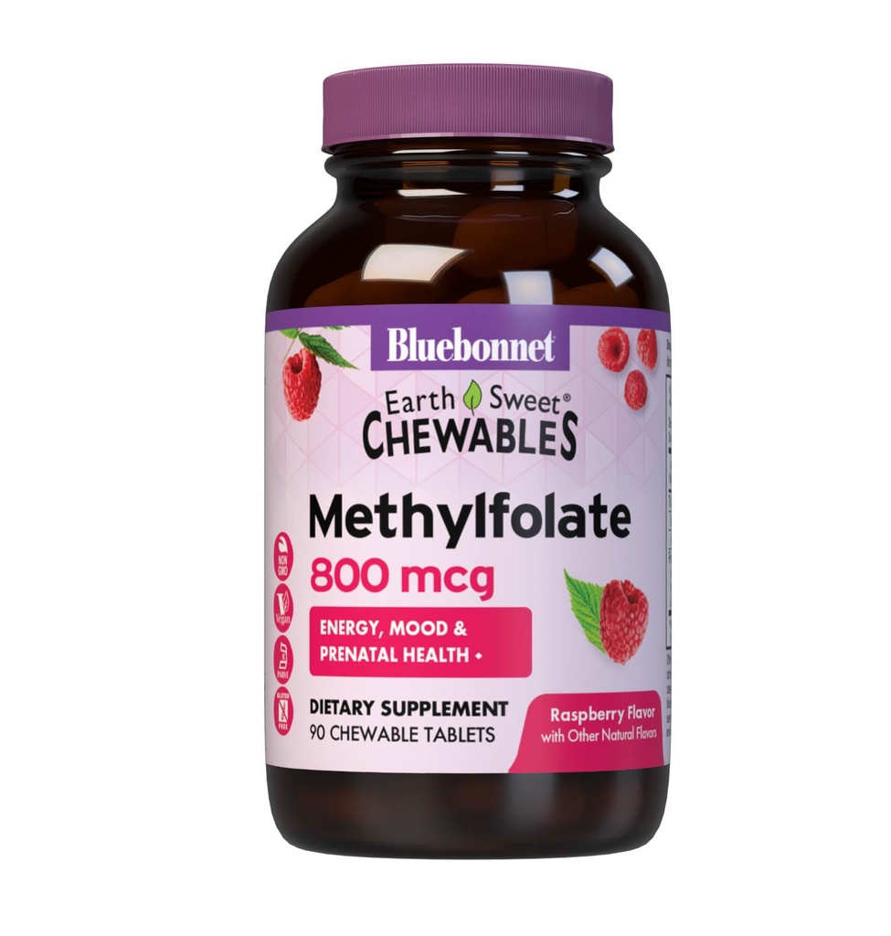 Bluebonnet EarthSweet Methylfolate 800 mcg Cellular Active Coenzyme 5-MTHF L Methyl Folate Supplement - Prenatal & Energy Support* - Non-GMO, Vegan, Gluten-Free - Raspberry - 90 Chewable Tablets