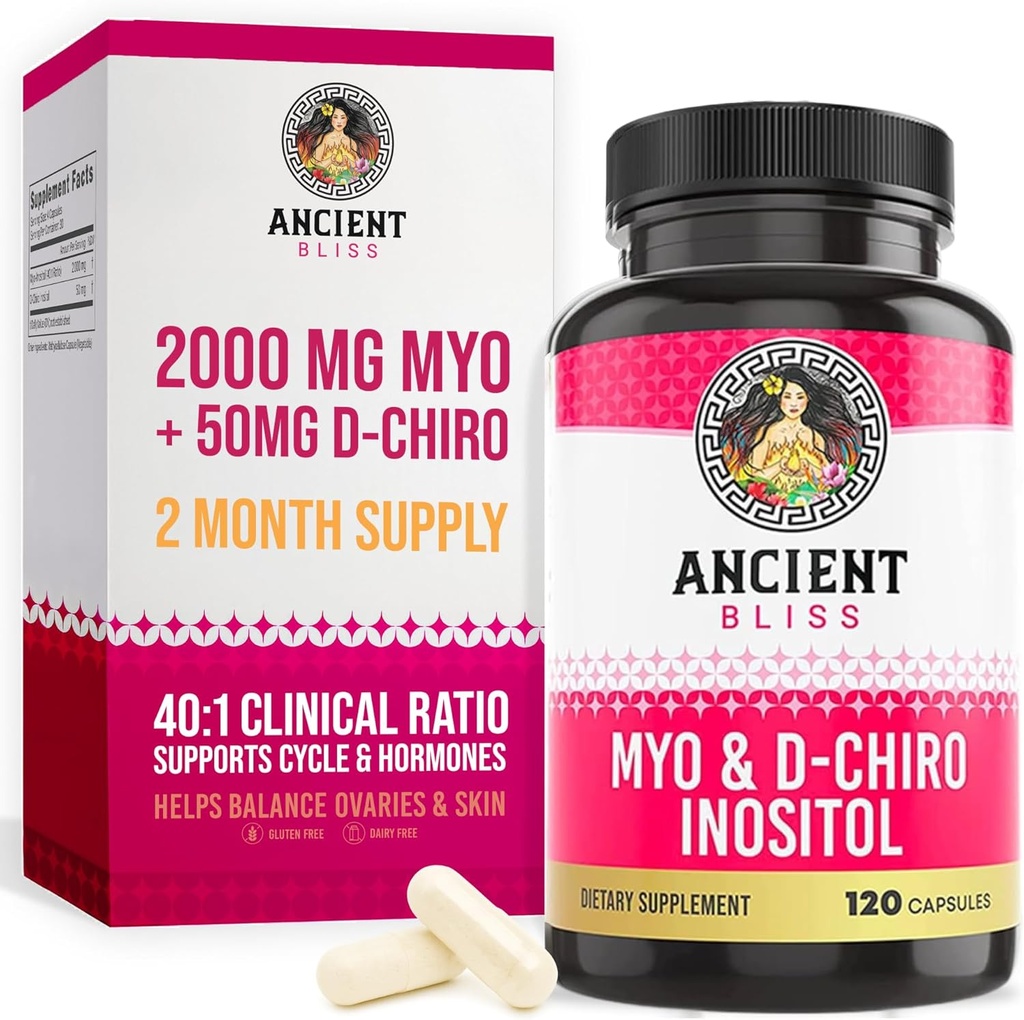 Antiguo Bliss Myo & D-Chiro Inositol Suplemento, 40 a 1 Ratio, Ayuda en función ovárica Apoyo a las mujeres, vitamina B8 Ayuda a regular ciclo menstrual, 2050 mg por ser, 120 cápsulas veganos