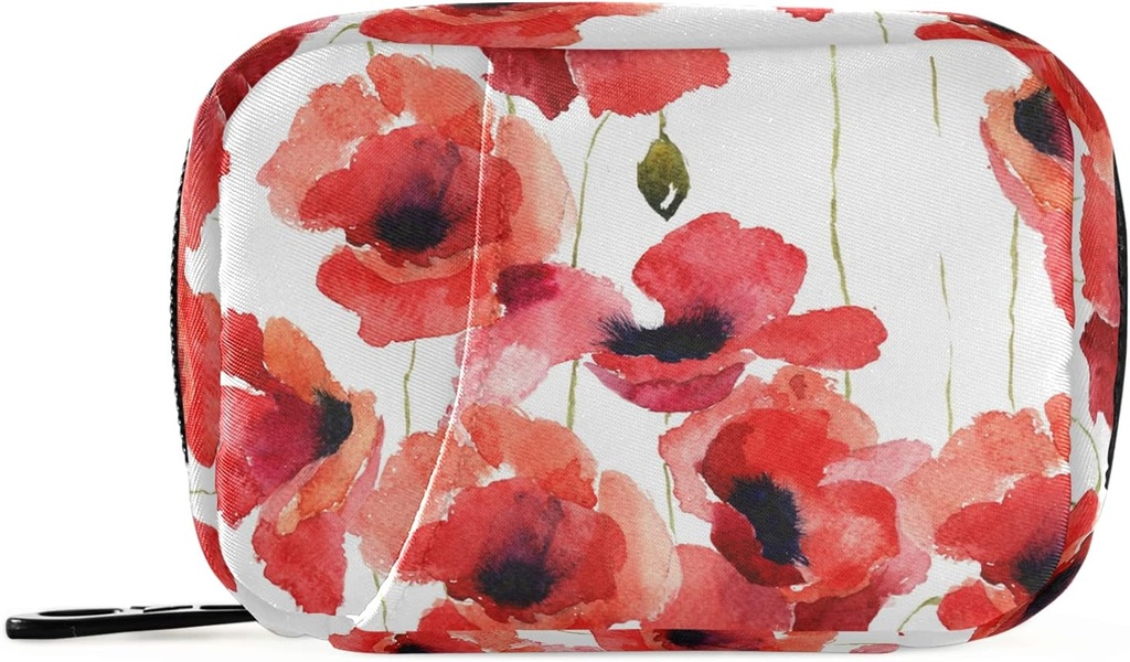 Acuarela Poppy Flowers Pill Box 7 Day Pill Case Travel Pill Organizer Bag with Zipper Portable Weekly Case Compact Size for Vitamin Supplement Holder