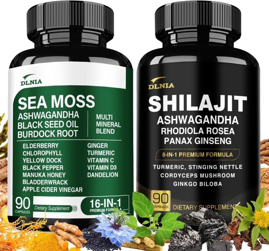 Shilajit 9000mg, Sea Moss 17500mg, Ginger " Black Seed Oil 4000mg, Ashwagandha 5000mg, Rhodiola Rosea, 1000mg Panax Ginseng 1500mg, All in 1 Supplement - Sea Moss " Shilajit Vitality Bundle