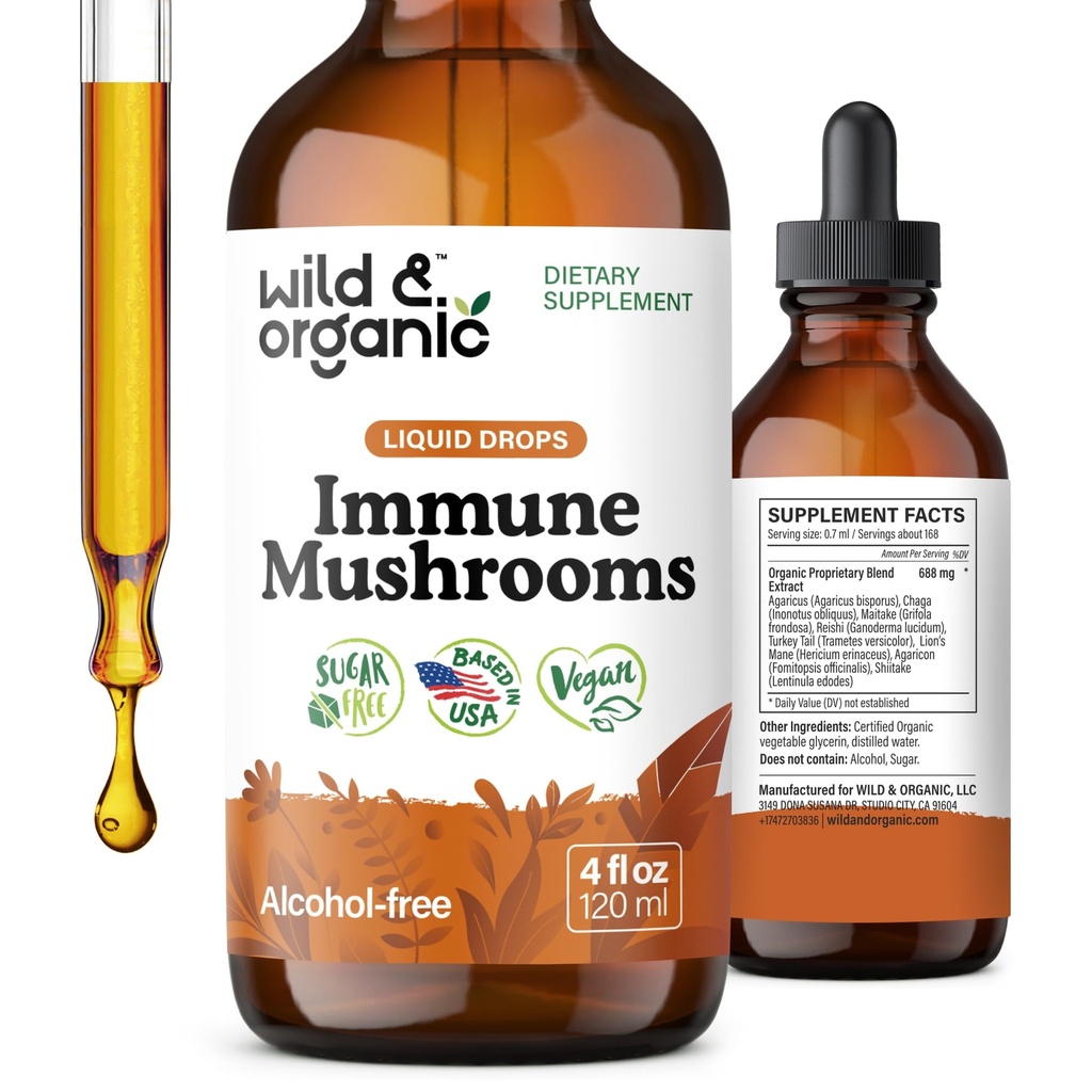 Wild &amp; Organic Immune Mushroom Tincture - 8-in-1 Immune Support with Chaga, Reishi, Turquía Tail, Lion’s Mane, Maitake Extract - Liquid Mushroom Supplement - Vegan, Sugar &amp; Alcohol-Free Drops - 4 oz