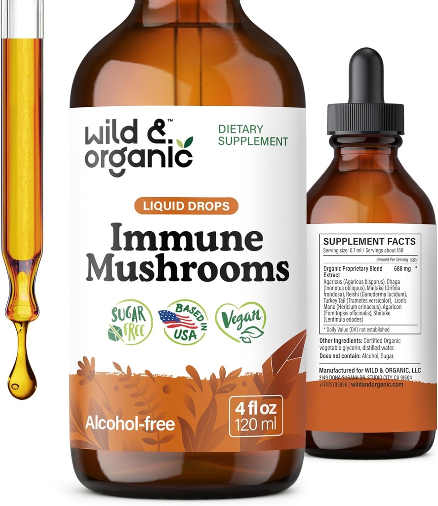 Wild &amp; Organic Immune Mushroom Tincture - 8-in-1 Immune Support with Chaga, Reishi, Turquía Tail, Lion’s Mane, Maitake Extract - Liquid Mushroom Supplement - Vegan, Sugar &amp; Alcohol-Free Drops - 4 oz