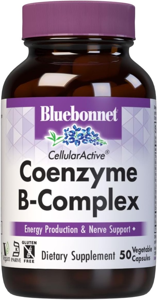 Bluebonnet Nutrition Cellular Active Coenzyme B-Complex, Energy Production & Nerve Support*, Vegan, Kosher Certified, Gluten-Free, Soy-Free, Dairy-Free, 50 Vegetable Capsules, 50 Serviciones