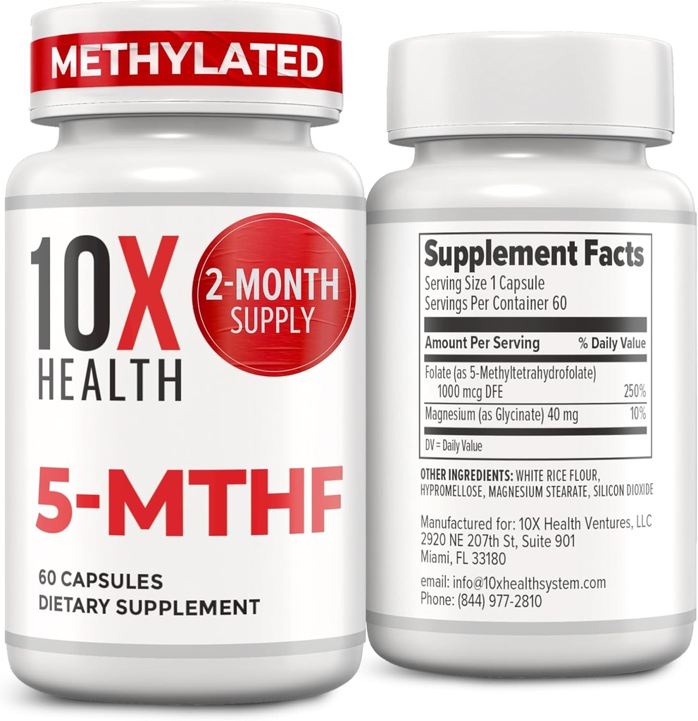 10X Health 5-MTHF Methylfolate - Folato metilado &amp; Magnesio para Cerebro, Salud del Corazón, DNA &amp; Neurotransmisor Synthesis - Bioavailable Metil Folate Supplement - Methylfolate Supplement 60 Capsules