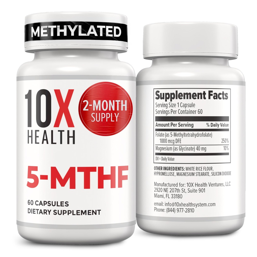 10X Health 5-MTHF Methylfolate - Folato metilado &amp; Magnesio para Cerebro, Salud del Corazón, DNA &amp; Neurotransmisor Synthesis - Bioavailable Metil Folate Supplement - Methylfolate Supplement 60 Capsules
