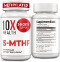 10X Health 5-MTHF Methylfolate - Folato metilado &amp; Magnesio para Cerebro, Salud del Corazón, DNA &amp; Neurotransmisor Synthesis - Bioavailable Metil Folate Supplement - Methylfolate Supplement 60 Capsules