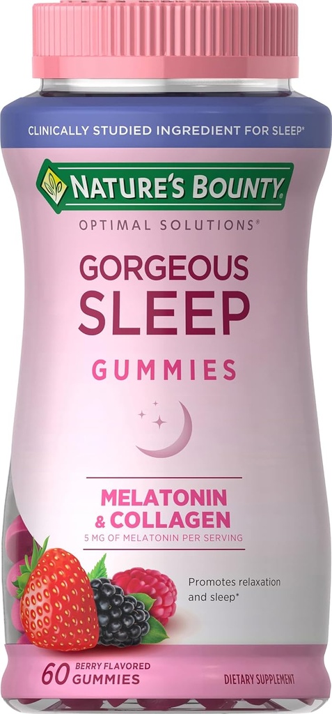 Bounty Optimal Solutions Gorgeous Sleep Melatonin 5mg Gummies with Collagen, 60 Count, Assorted Fruit Flavors, 30 Total Servings