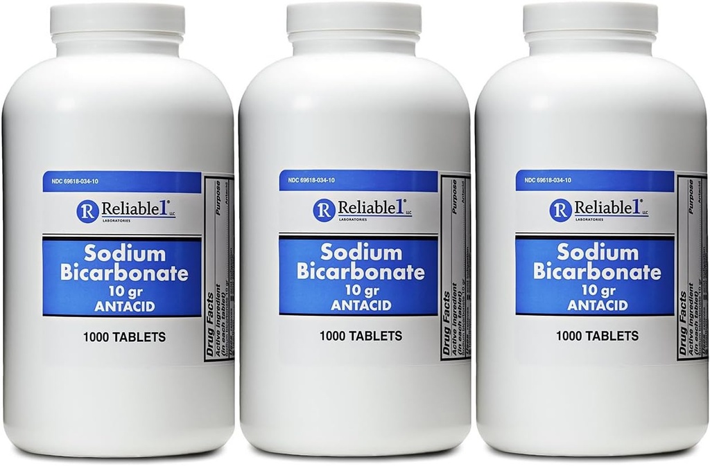 Bicarbonato de sodio 650 mg 1000 Tabletas de antiácido, para el alivio de la indigestión de ácido, acidez, estómago y estómago de estómago paquete de 3