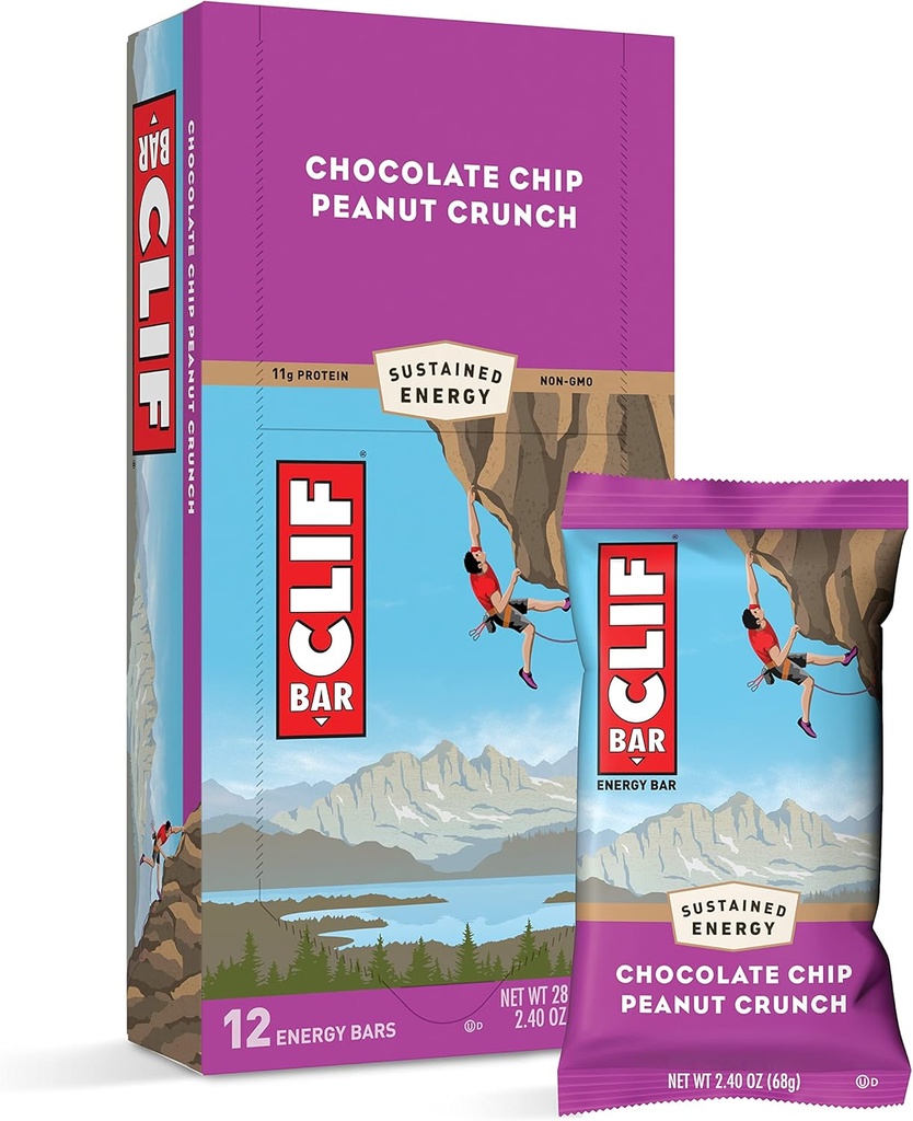 Bares Clif - Bares de energía - Chocolate Chip Crunch - Hecho con avena orgánica - Alimentación basada en plantas - Vegetariano - Kosher (2.4 Ounce Protein Bares, 12 Cuenta)