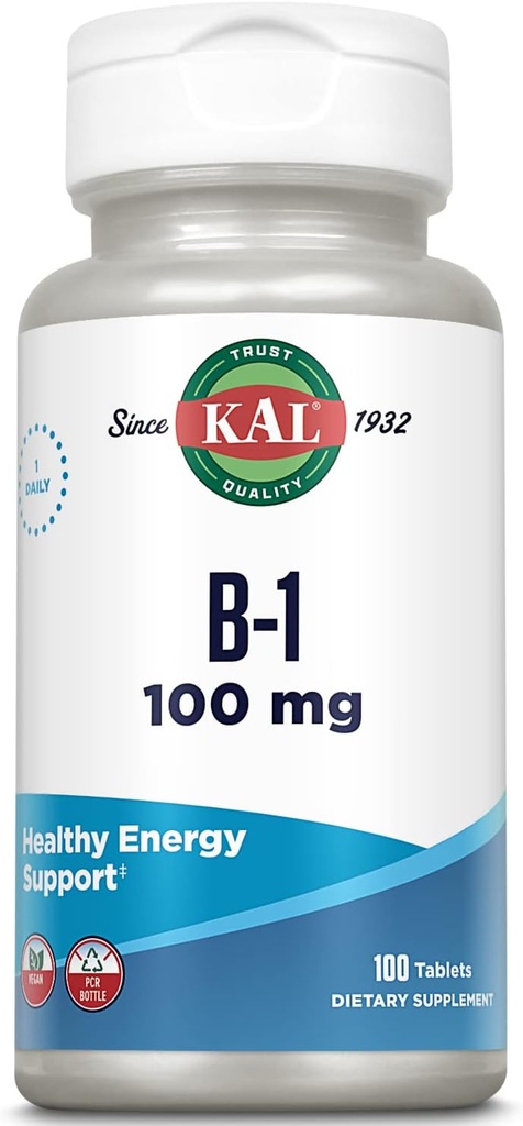 KAL Vitamina B1 100 mg, Suplemento de Thiamine para Metabolismo, Energía sana, Esquí, Sistema nervioso, Salud cardíaca y apoyo cerebral, Vitamina Vegana, Garantía de devolución de dinero de 60 días, 100 servicios, 100 tabletas