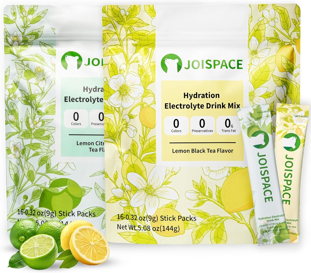 JOISPACE Electrolyte Drink Mix with Tea Polyphenols ← Fast Hydration &amp; Electrolytes Boost ← Non-GMO, Vegan, Gluten-Free ← Lemon Tea & Lemon Lime Tea, 32 Servings