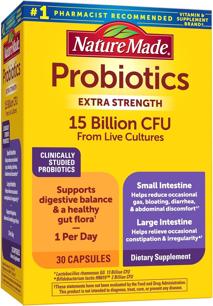 Probióticos hechos por naturaleza para la salud digestiva Extra Strength 15 Billion CFU de las culturas vivas, probióticos para mujeres y hombres, 30 cápsulas probióticas, 30 días de suministro