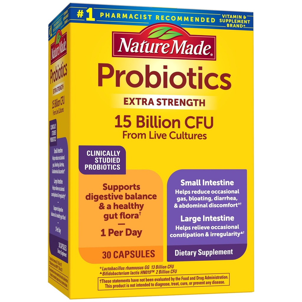 Probióticos hechos por naturaleza para la salud digestiva Extra Strength 15 Billion CFU de las culturas vivas, probióticos para mujeres y hombres, 30 cápsulas probióticas, 30 días de suministro