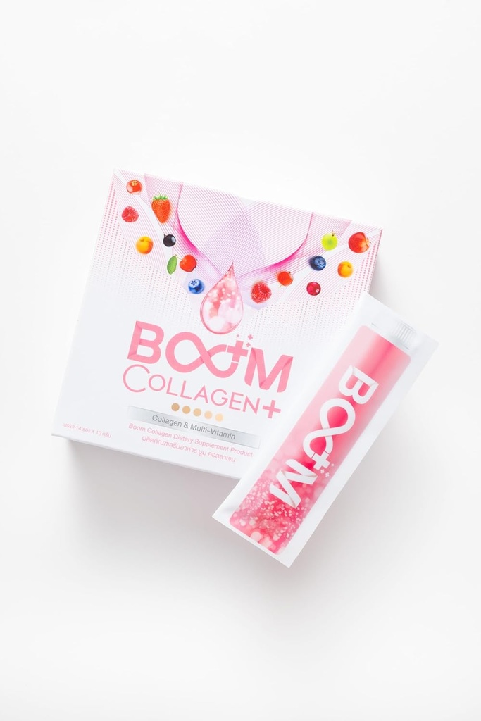 Genérico BOOM COLLAGEN PLUS OVER 30 ANTIOXIDANTS- ANTI-AGING DRINK for BEAUTIFUL SKIN 14 SACHETS in BOX, Pink/White