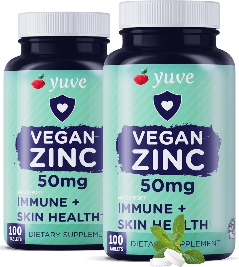 Yuve Natural Vegan Zinc Vitaminas Suplementos 50mg, Supremo Immune Support, Fast Relief from Colds and Flu, Acne Free Skin, Healthy Hormone Levels, Non-GMO, Gluten & Sugar Free - 100 Veg Tabs (2 Pack)