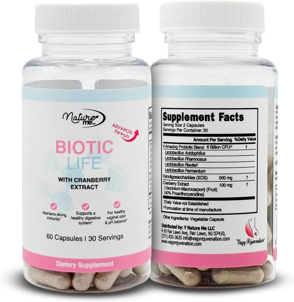 Rejuvenecimiento Vagino BioticLife Probiótico para Mujeres – Probióticos para la salud vaginal, digestiva y urinaria – Suplemento con extracto de arándano Prebióticos – 60 cápsulas