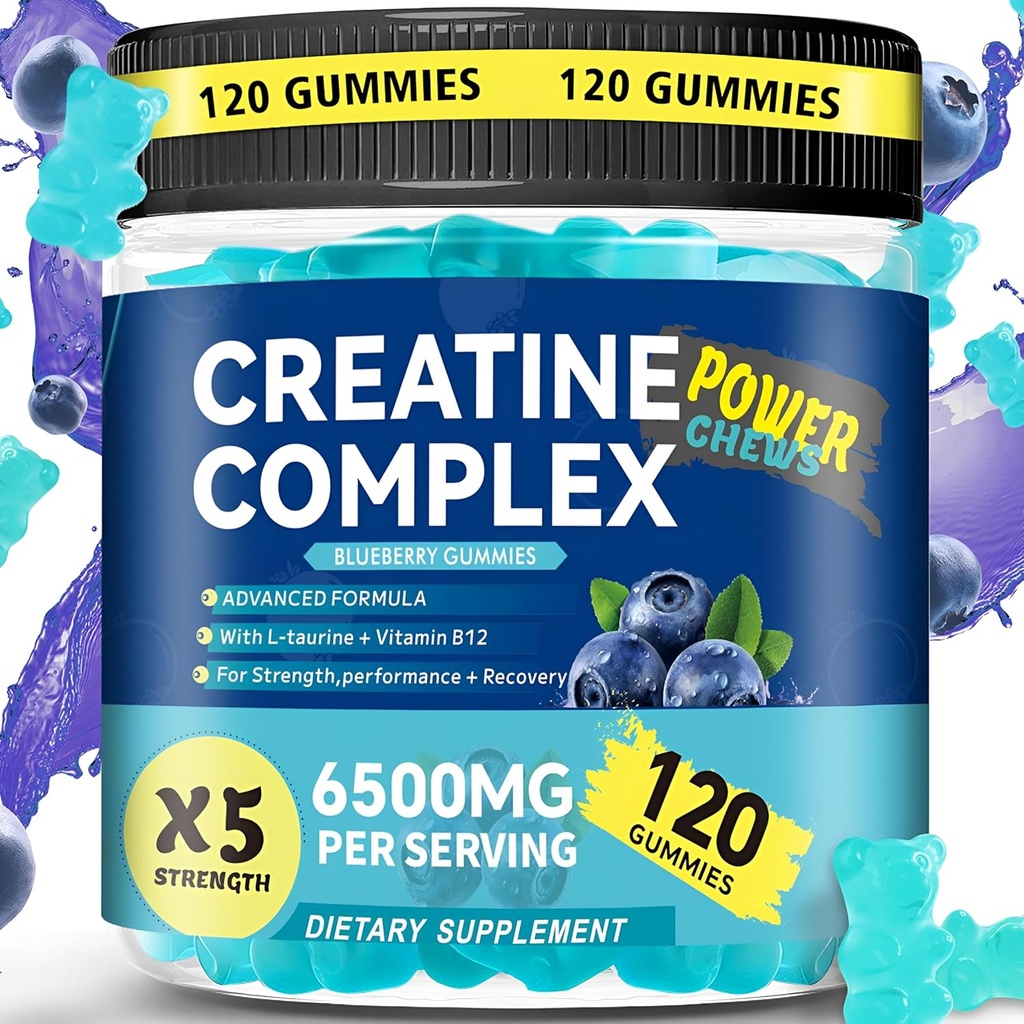 Creatine Monohydrate Gummies 6500mg per Serving for Men & Women - 120 Gummies X5 Strength Sugar Free Chewable Creatine for Muscle Builder, Muscle Strength, Pre-Workout Supplement (Blueberry)