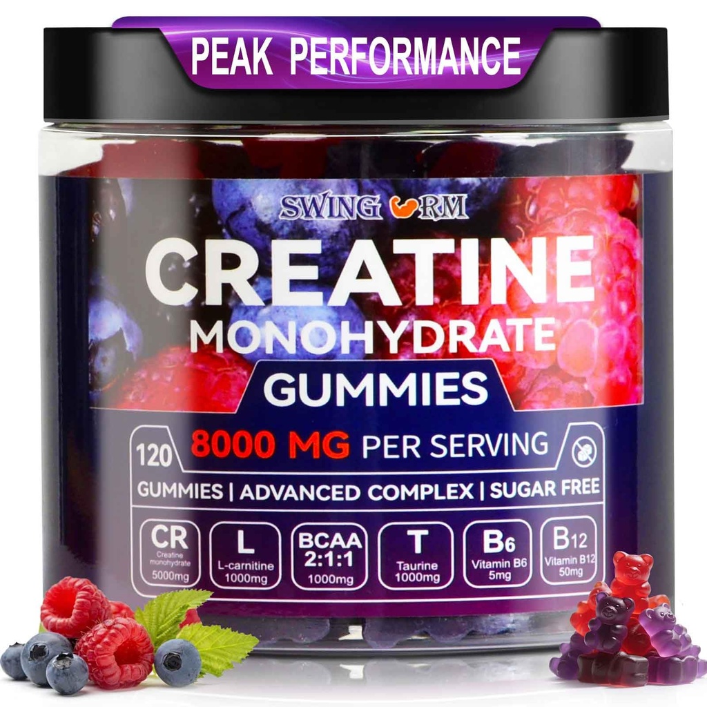 Cretina Monohydrate Gummies 6500mg por Serving for Men ' Women - 120 Gummies X5 Strength Sugar Free Chewable Creatine for Muscle Builder, Muscle Strength, Pre-Workout Suplemento (Blueberry)