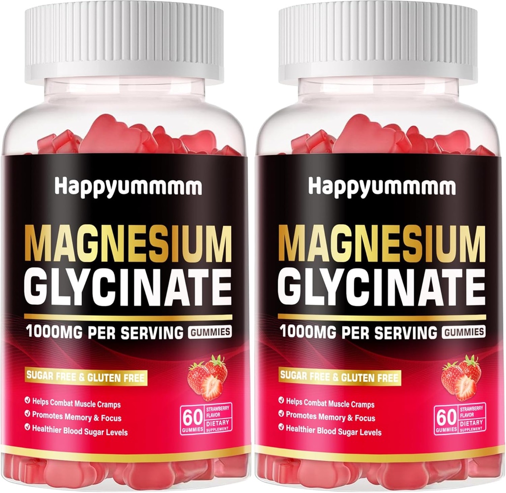 Magnesio Glycinate Gummies 1000mg - Suplemento de Potasio de Magnesio Libre de Azúcar con Vitamina D, B6, CoQ10 para calma Mood &amp; Sleep Support - 120 Strawberry Gummies
