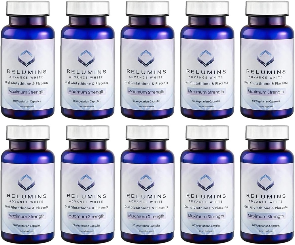 Relumins Advanced White Glutathione Capsules - Max Strength Brightening Suplemento con ALA, Placenta, Rose HIPS & Vitamina C - Lucha contra el estrés oxidativo, apoya Collagen &amp; Made in USA - 10 botellas