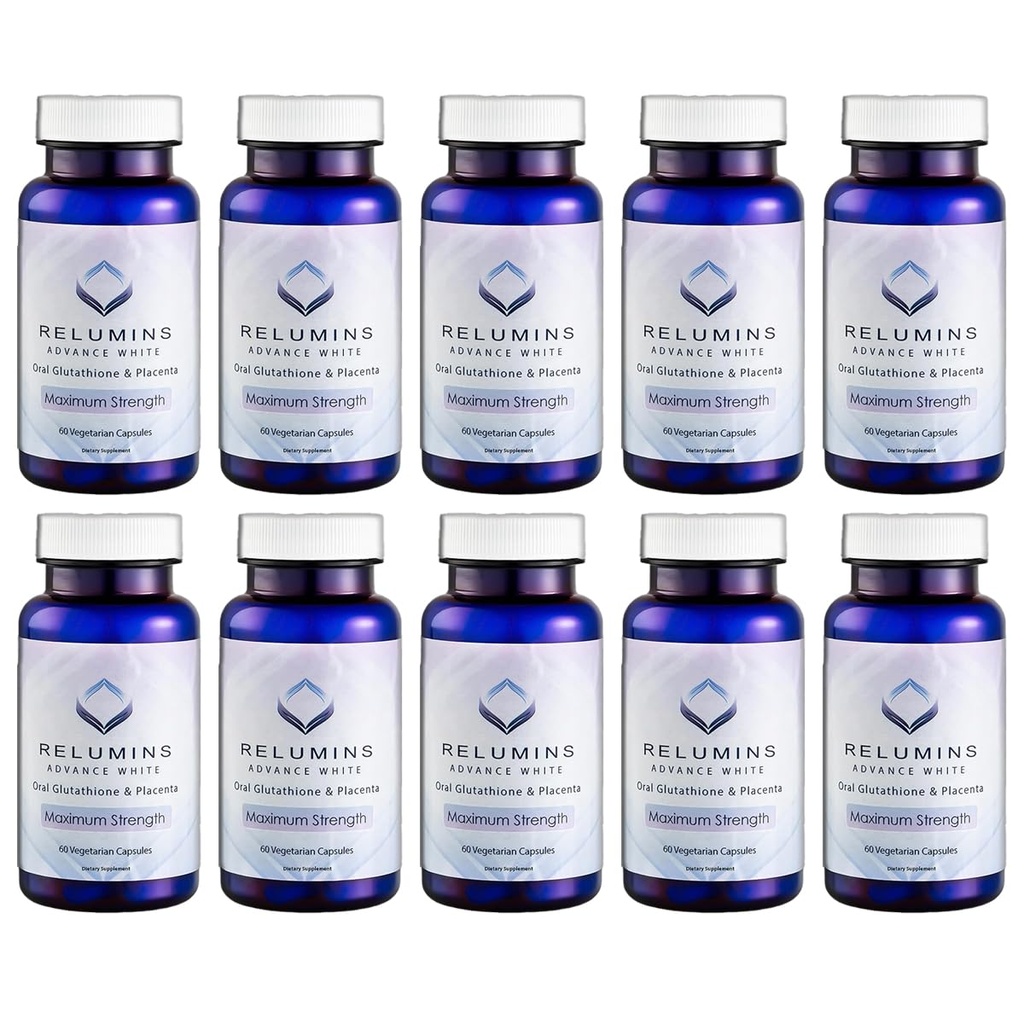 Relumins Advanced White Glutathione Capsules - Max Strength Brightening Suplemento con ALA, Placenta, Rose HIPS & Vitamina C - Lucha contra el estrés oxidativo, apoya Collagen &amp; Made in USA - 10 botellas