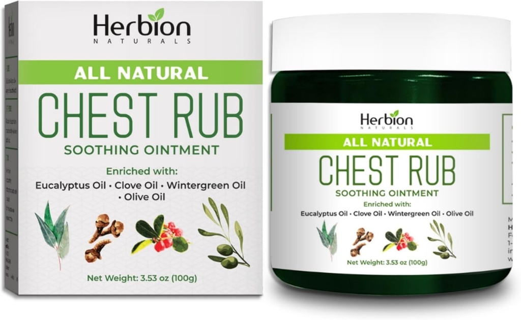 HERBION Naturals Chest Rub - Ungüento calmante con vapores calmantes para adultos &amp; niños 2+ - Alivia la tos, frío, nasal " Chest Congestion – Reduce el músculo " Aches conjuntos (3.53 Oz (Pack of 1)