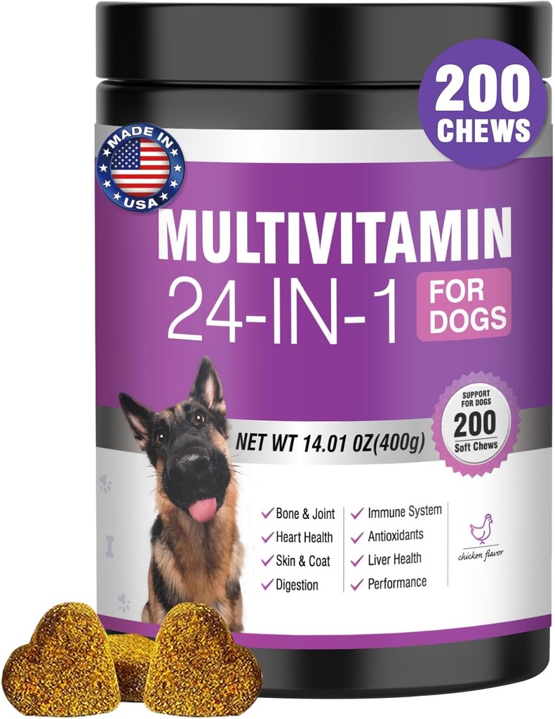 24-in-1 Vitaminas y Suplementos de perros 200 Ct Perros Multivitamínico Chewable Contain Condroitin Probióticos Omega-3 Glucosamina para perros Skin Coat Coat Coat Coat Corazón Cote Coaguillo Ojos de cerebro Apoyo inmunitario - Chicken