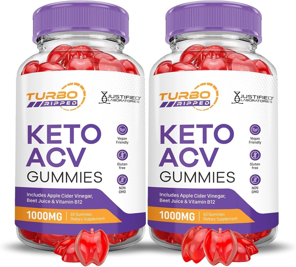 Laboratorios justificados (2 Pack Turbo Ripped Keto ACV Advanced Formula 1000MG Keto Apple Sider Vinegar Formulado con Pomegranate Beet Juice Powder B12 Vegan Non GMO 120 Gummies