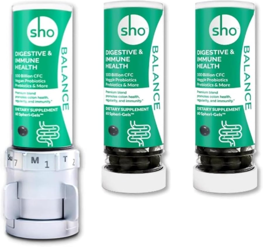 SHO Balance 100 Billones CFU Prebióticos " Probióticos para IBS, Bloating, Constipation, Digestive Health, Gut Health " Weight Pérdida Vegan Suplemento para Hombres con 2 Botellas Refill