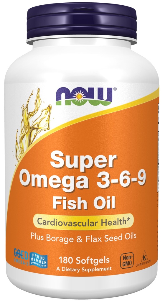 NOW Foods Supplements, Super Omega 3-6-9 1200 mg with a blend of Fish, Borage and Flax Seed Oils, 180 Softgels