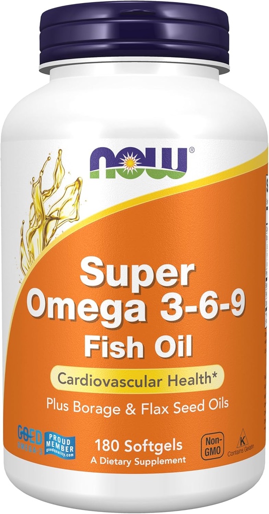 NOW Foods Supplements, Super Omega 3-6-9 1200 mg with a blend of Fish, Borage and Flax Seed Oils, 180 Softgels
