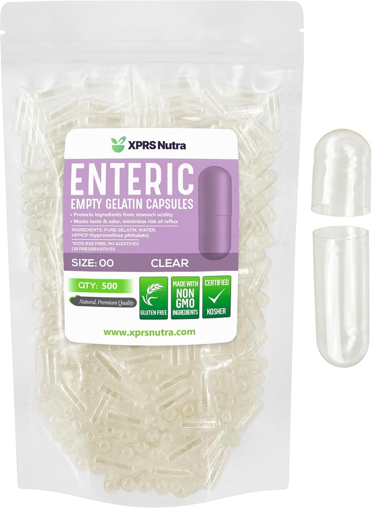 XPRS Nutra Size 00 Empty Capsules - 500 Contar Open Enteric Coated Empty Gelatin Capsules - Delayed Release Pills - DIY Capsule Filling - Pure Bovine Empty Enteric Gel Caps